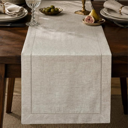 100% Pure French Linen Table Runner 108 Inches Long, Natural Hemstitch by KINGSTONE