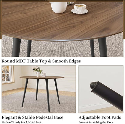 43.3 Inch Round Dining Table Set for 4, Modern Small Kitchen Coffee Set for Dining Room Kitchen Apartment (Walnut Table+4 U-Shaped Black Chairs)