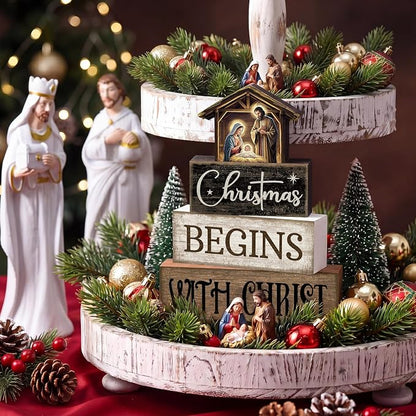 Moucuny 4 Pcs Christmas Table Decoration Christian Wooden Stacked Block Decor - Image 7