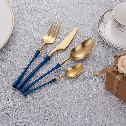 32 Piece Gold Silverware Set for 8 Durable 18/8 Stainless Steel Flatware Set Slim Waist Blue Handles Cutlery Set Include Spoons Knifes Forks Kitchen Wedding Restaurant ZILNEHZ