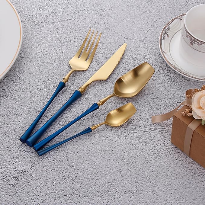 40 Piece Gold Silverware Set for 10，Durable 18/8 Stainless Steel Flatware Set Slim Waist Blue Handle Cutlery Set Utensils Include Spoons Knifes Forks Kitchen Wedding Restaurant