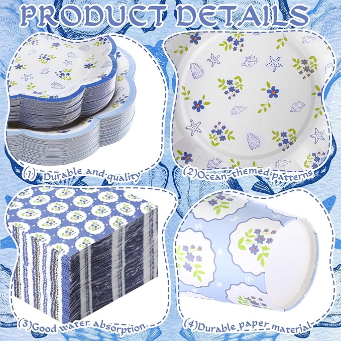 250 Pcs Blue Seashell Disposable Paper Plates and Napkins | Scalloped Design - Image 3