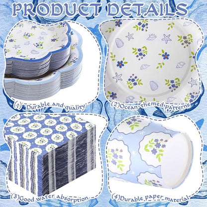 250 Pcs Blue Seashell Disposable Paper Plates and Napkins | Scalloped Design - Image 3