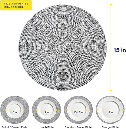 Round Placemats Set of 4-100% Cotton Two-Tone Placemat for Dining Table - Woven Braided Table Setting Place Mat - Washable Table Decor for Kitchen, Farmhouse, Rustic, Everyday Use, Black