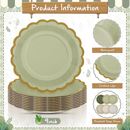 96 Pcs Sage Green Paper Plates 9 Inch Gradient Scalloped Paper Disposable Dinner Dessert Plates for Birthday Wedding Bridal Party Supplies, 6 Colors