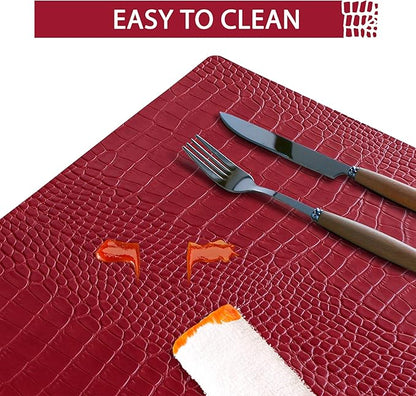 Jovono Faux Leather Placemats Set of 4, Waterproof Heat Resistant Dinner Place Mats for Dining Table, Non-Slip Crocodile Embossed, Red (17.8x11.8 Inch)