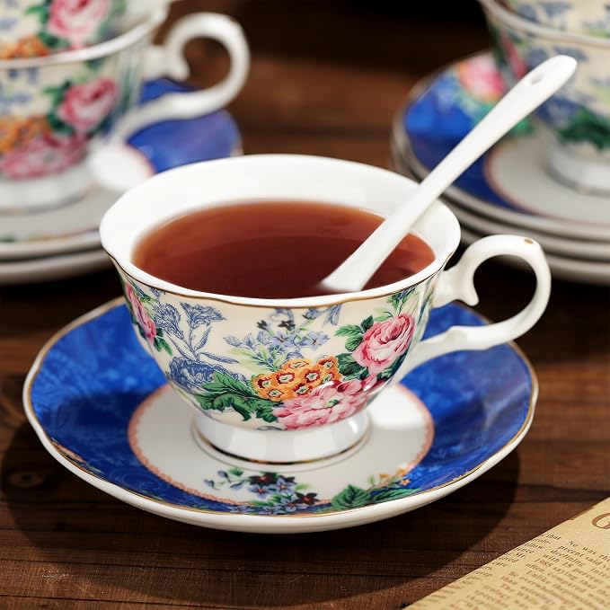 fanquare 21-Piece Blue Lace Porcelain Tea Set, China Coffee Cup and Saucer Set - Image 6