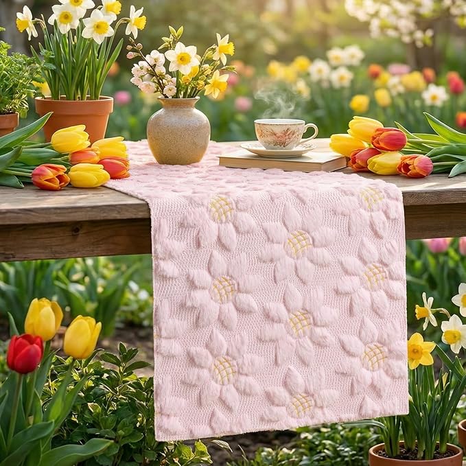 Artoid Mode Pink Soft Plush Faux Fur Jacquard Embroidery Sunflower Spring Table - Image 5