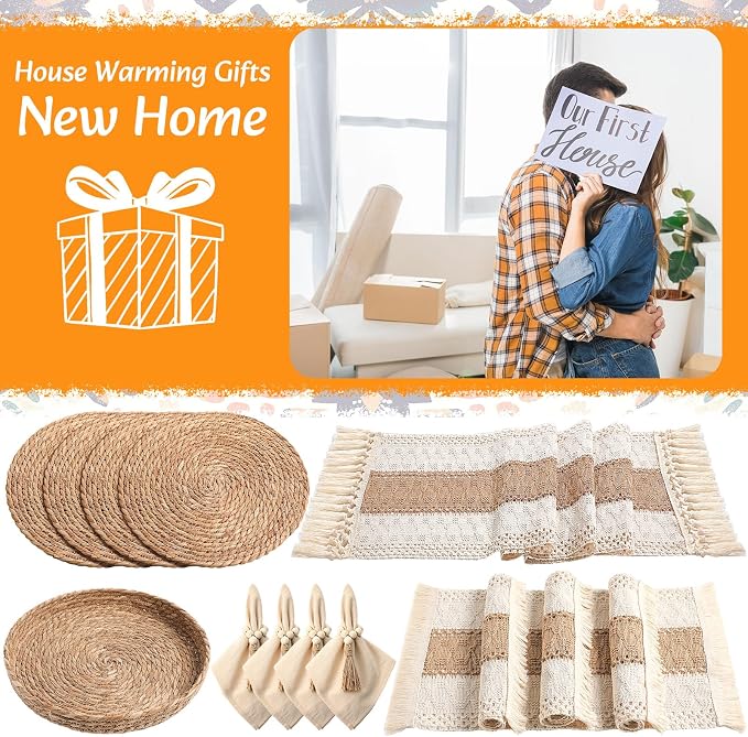 4 Sets Boho Decoration Placemats Round Woven Placemats, Cloth Napkins, Wood - Image 7