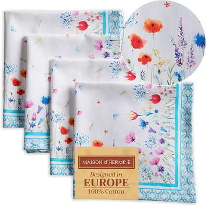 Maison d' Hermine Cloth Napkins Set of 4 100% Cotton Everyday Reusable Square Napkins Cloth Washable Dinner Wedding Restaurant Valentines Day Decorations Spring/Summer (Flower In The Field, 20" x 20")