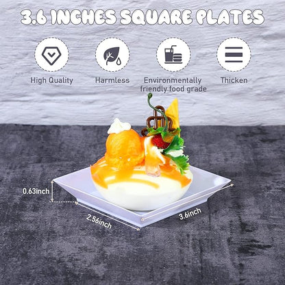 Zhehao 100 Pcs Plastic Dessert Appetizer Plates Disposable, 3.6 x 3.6 Inch Small Square Plastic Dessert Cake Plate for Party, Valentine's Day Wedding Birthday Bridal Baby Shower Supplies (White)