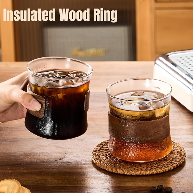 PARACITY Espresso Cups Set of 2, 14 oz Borosilicate Glass, Wooden Rings | Clear - Image 4