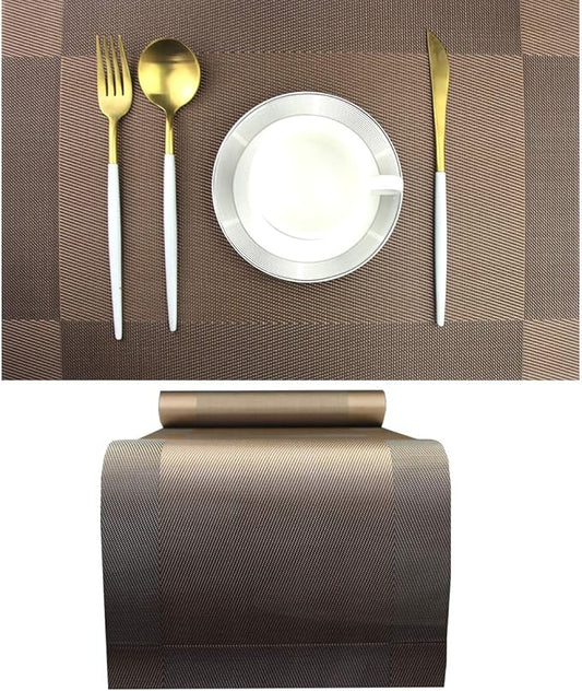 PIGCHCY Elegant Placemats with Matching Table Runner,Durable Cleaning Placemats for Dining Table Sets(6pcs Round Placemats+1pcs Table Runner, Chocolate Brown)