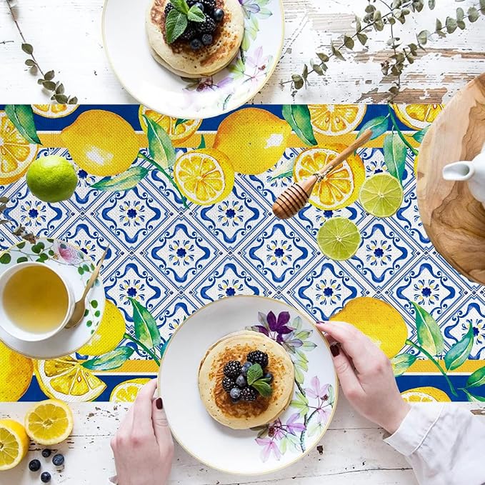 Capri Blue Lemon Table Runner Italy Tile Burlap Artificial Yellow Lemon Fruit - Image 2