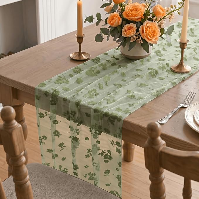 Artoid Mode Sage Green Gauze Flocking Flowers Table Runner 10FT, Spring Sheer - Image 5