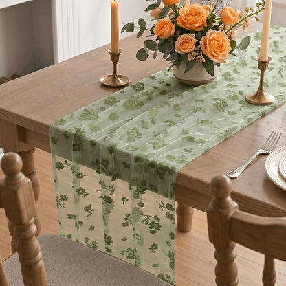 Artoid Mode Sage Green Gauze Flocking Flowers Table Runner 10FT, Spring Sheer - Image 5