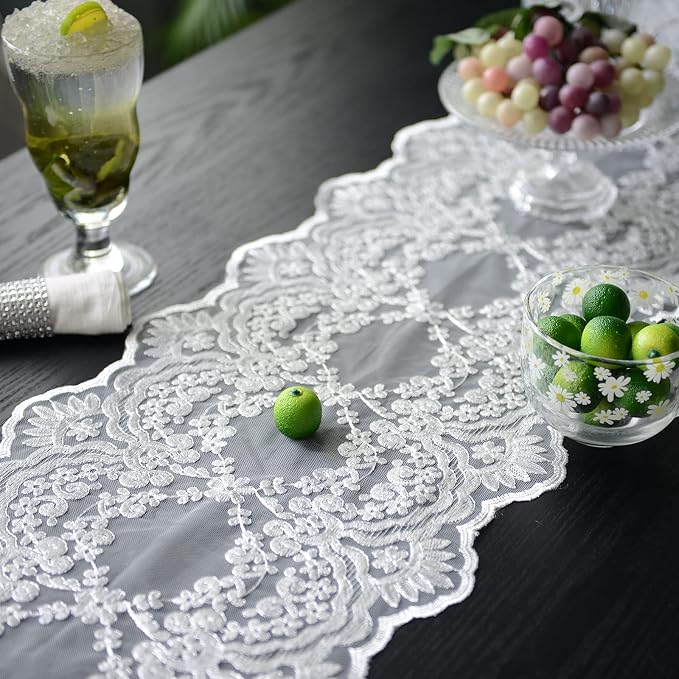SUTAVIA Lace Patio Table Runner 12"×70" White Embroidered Dresser Scarf | - Image 4