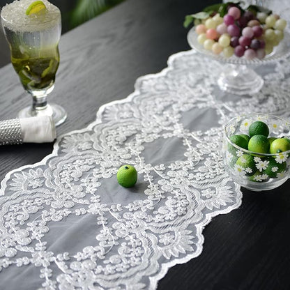 SUTAVIA Lace Patio Table Runner 12"×70" White Embroidered Dresser Scarf | - Image 4