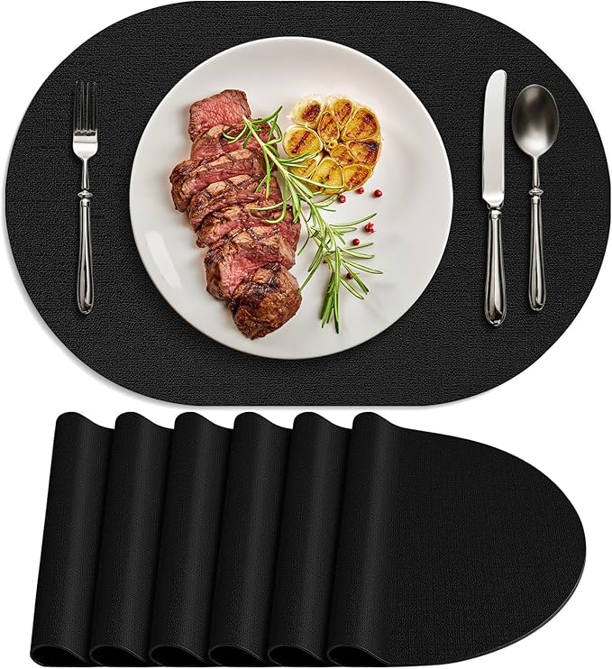 Placemats for Dining Table Set of 6 Non-Slip, Heat Resistant Oval Leather Placemat Double Layer, Waterproof Table Mats Easy to Clean for Kitchen Dining Room Coffee Office Table, Black