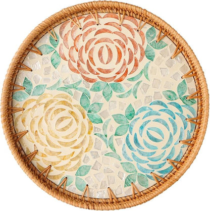 Round Rattan Tray with Mother of Pearl Inlay, Wooden Base | Coffee Table by Unknown