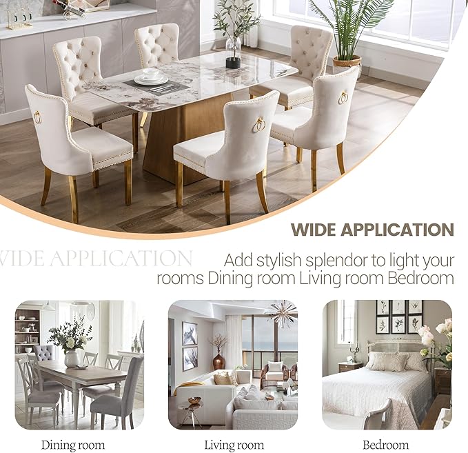 KCC Velvet Dining Chairs Set of 2, Upholstered High-end Tufted Dining Chair with Nailhead Back Ring Pull Trim Stainless Steel Legs, Contemporary Nikki Collection Modern Style for Kitchen, Beige