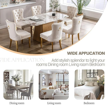 KCC Velvet Dining Chairs Set of 2, Upholstered High-end Tufted Dining Chair with Nailhead Back Ring Pull Trim Stainless Steel Legs, Contemporary Nikki Collection Modern Style for Kitchen, Beige
