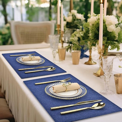 SLKQG Blue Linen-Look Placemats Set of 6, Heat Resistant & Machine Washable Double-Layered Cloth Placemats for Dining Table, Indoor/Outdoor Use, Non-Slip Kitchen Table Mats (6, Navy Blue)