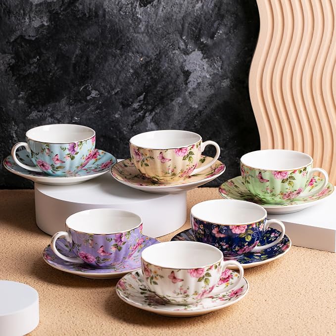 BTaT- Floral Tea Cups and Saucers Set of 6, Porcelain Tea Cups Set of 6 - Image 5