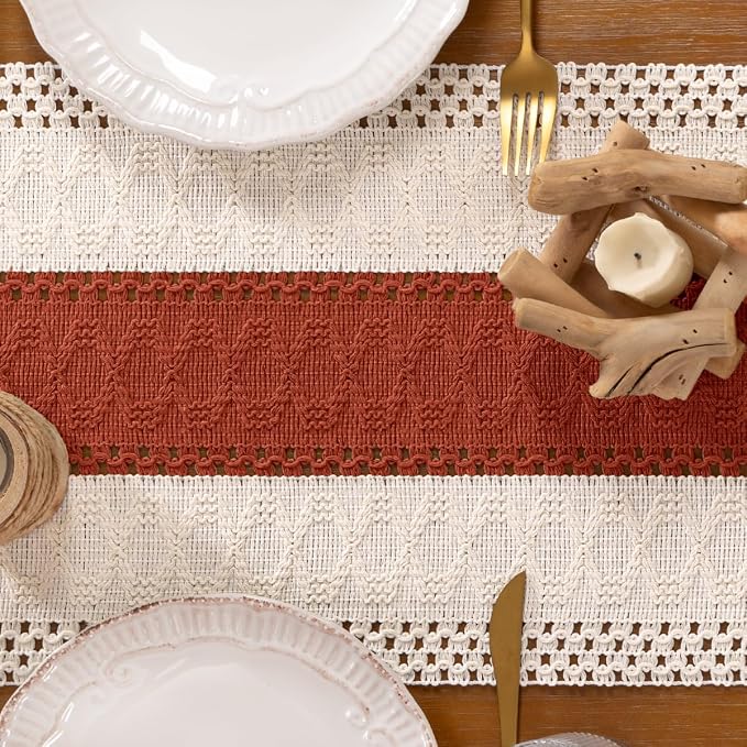 DeZerlor Boho Macrame Table Runner Terracotta Spring Easter Farmhouse Woven - Image 5