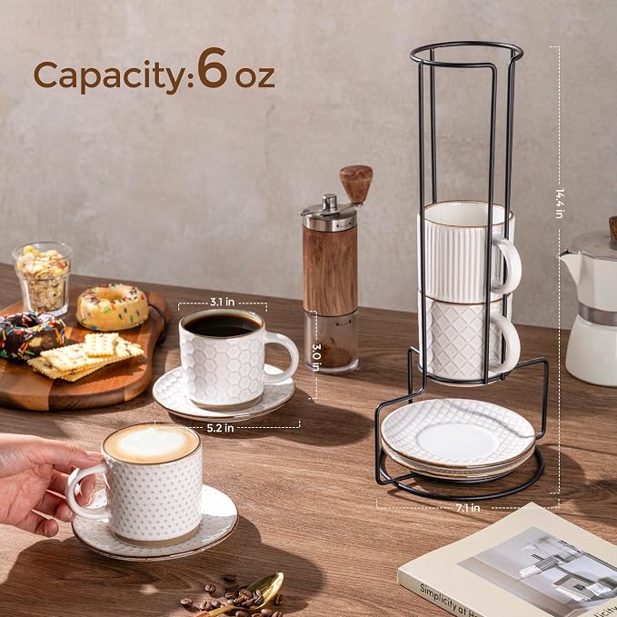 GBhome 6 OZ Stackable Coffee Mugs Set of 4, Ceramic Espresso Coffee Cups | - Image 2