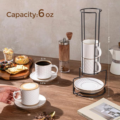 GBhome 6 OZ Stackable Coffee Mugs Set of 4, Ceramic Espresso Coffee Cups | - Image 2