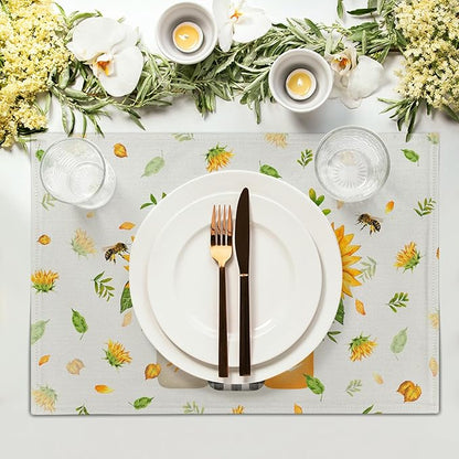 Giwawa Sunflower Vases Placemats Set of 4 Summer Bee Yellow Floral Mason Jar Place Mat 12x18 Inch Stain Heat Resistant Linen Table Mats for Kitchen Dining Seasonal Party Decor