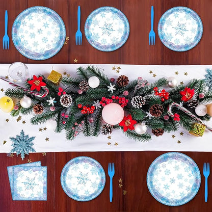 96 Pieces Snowflake Winter Tableware Set – Blue Disposable Plates, and Forks - Image 6