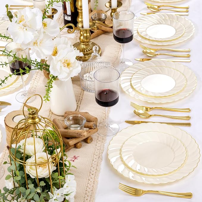 YOUBET 125PCS Ivory Scalloped Plastic Plates - Image 5