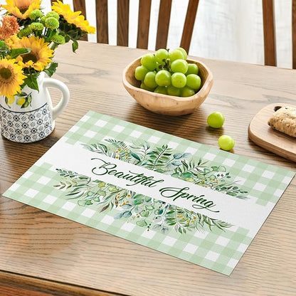 AOFOTO Green Plaid Placemats Set of 4 Beautiful Spring Leaves Printed Place Mats Washable Rectangular Table Mats for Party Home Kitchen Restaurant Dining Table Decor 12x18 Inch