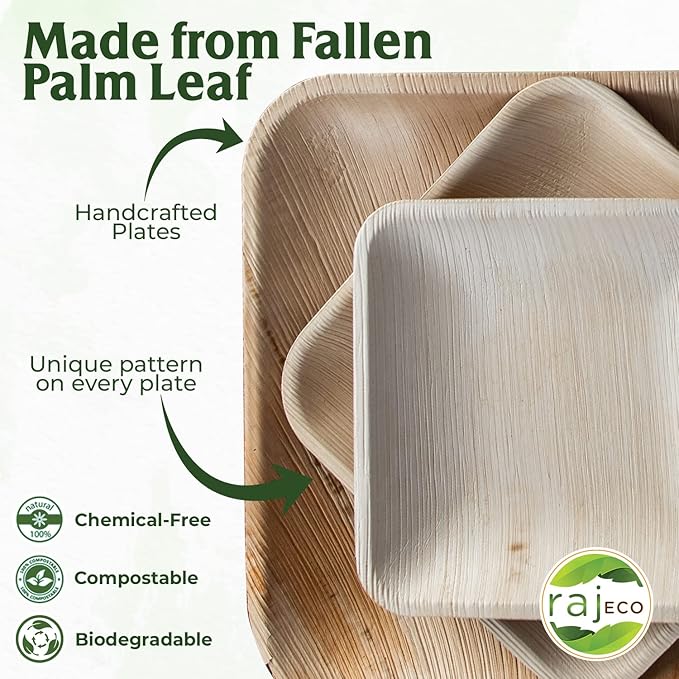 Raj Disposable Palm Leaf Plate [100-Pack] Large Square Plates Strong and Reusable Party Plate Like Bamboo Plates - Decorative Compostable Tableware for Lunch, Dinner, Birthday, Camping