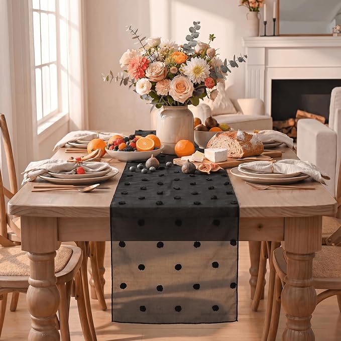 Artoid Mode Black Pom Pom Tulle Table Runner, Seasonal Halloween Washable - Image 2