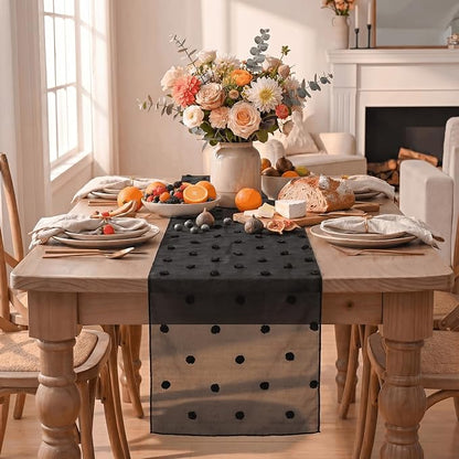 Artoid Mode Black Pom Pom Tulle Table Runner, Seasonal Halloween Washable - Image 2