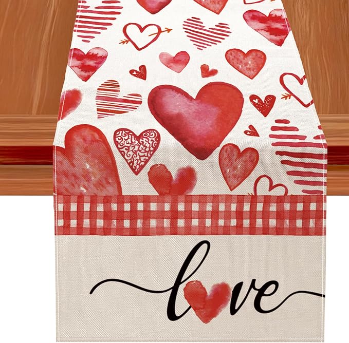 Valentine's Day Table Runner Decorations, Linen Red Table Scarf by JVUZIQ