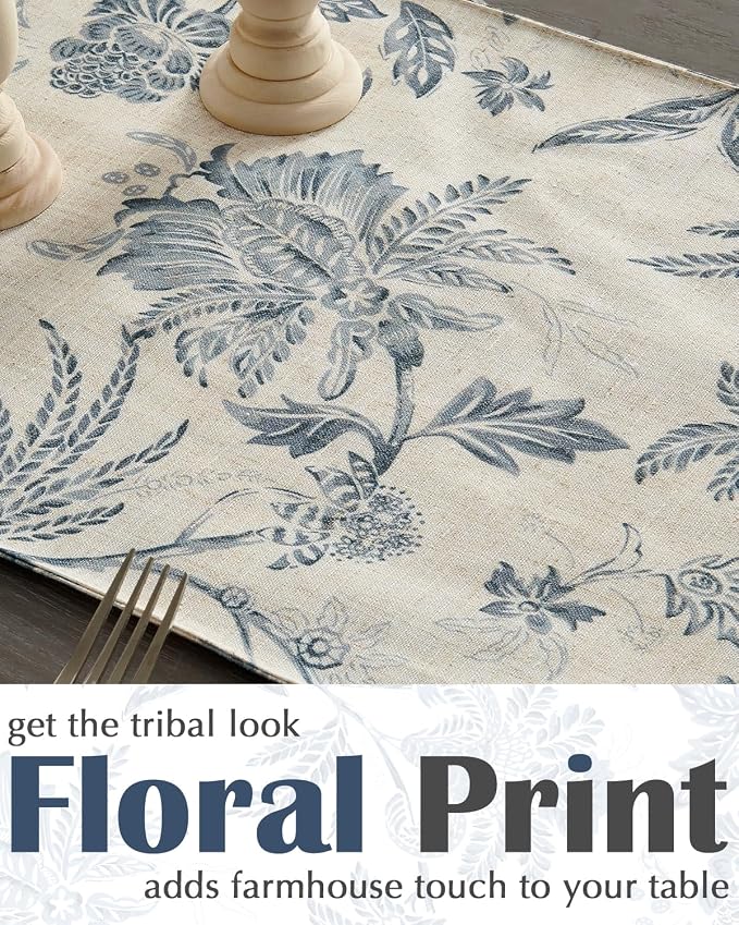 jinchan Blue Floral Linen Table Runner 13 x 72 Inch Farmhouse | Solid color - Image 3