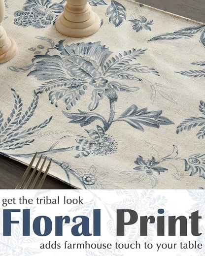 jinchan Blue Floral Linen Table Runner 13 x 72 Inch Farmhouse | Solid color - Image 3