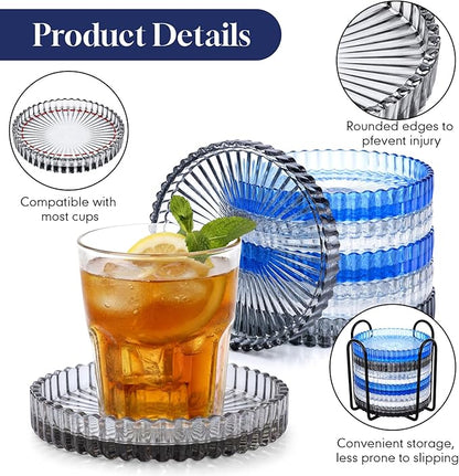 Remerry 6 Pcs Clear Crystal Coaster Set with Holder Glass Coasters for Drinks 4 Inch Drinks Crystal Round Cup Coasters Coffee Table Decor for Office Kitchen Bar Restaurant Patio (Classic Colors)