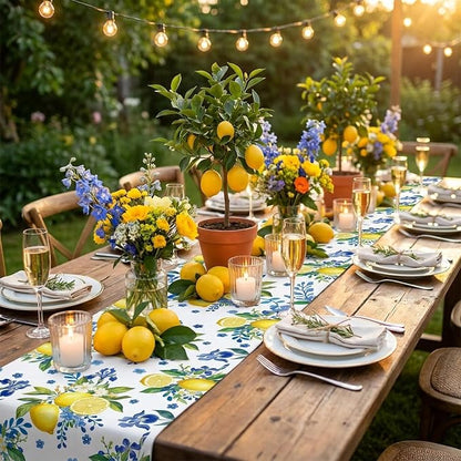 Lemon and Blue Floral Table Runner, 108 x 13 inches, Easy Care Machine Washable - Image 2