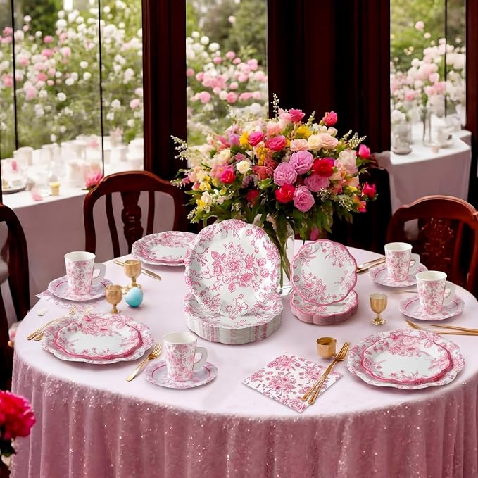Pickmesh 252 Pcs Pink Floral Tea Party Supplies - Image 5