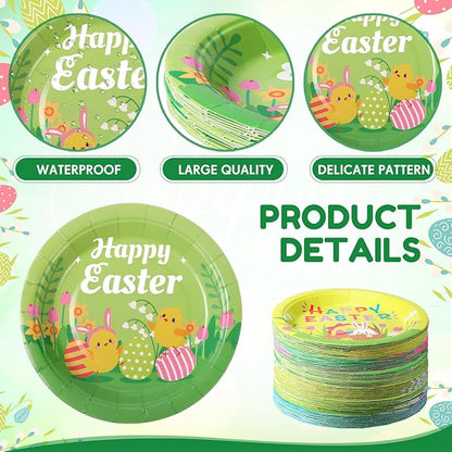 Umigy 120 Pieces Happy Easter Paper Plates Bulk 7 Inch Bunny Eggs Disposable Easter Party Spring Holiday Dinnerware Decorative Flower Dinner Plates for Spring Party Supplies, 6 Styles
