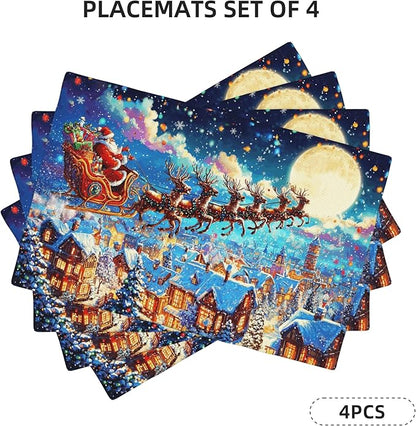 Santa Snowy Sleighride Placemats Set of 4 Washable Table Place Mats for Dining Kitchen Party Decor