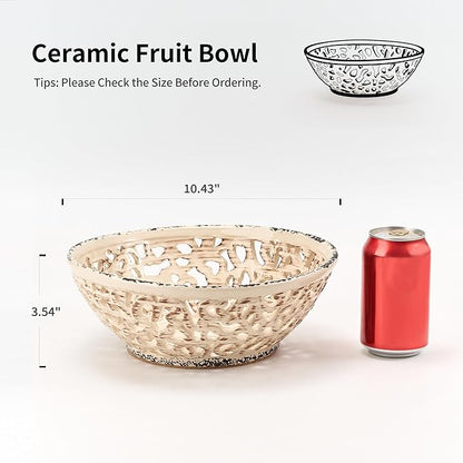 SIDUCAL Ceramic Fruit Bowl for Kitchen Counter,Decorative Fruit Basket with Holes, 10.43" Large Hollow Out Fruit Vegetable Holder Bowl for Table Decor, Beige