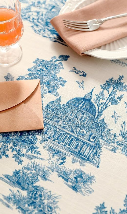 patdrea Designer Vintage Cyan Long Tablecloth for Rectangle Table,Linen Ancient Castle and Manor Pattern Tablecloths,Table Cover Decor for Kitchen Dining Christmas,Thanksgiving,63"x94"-Lucerne a