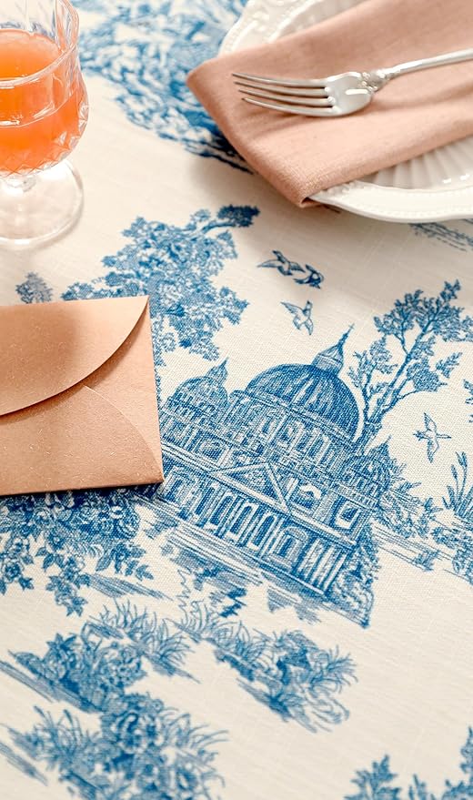 patdrea Designer Vintage Cyan Long Tablecloth for Rectangle Table,Linen Ancient Castle and Manor Pattern Tablecloths,Table Cover Decor for Kitchen Dining Christmas,Thanksgiving,63"x102"-Lucerne a