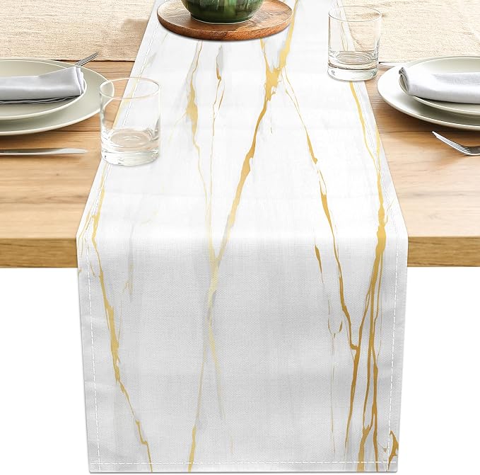 White Gold Table Runner Marble Linen Table Runners, Long Coffee Dresser Runners by LXXTK